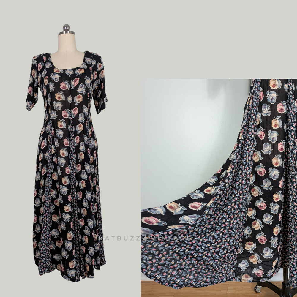 Vintage Nostalgia Maxi Dress L Black Floral 90s Patchwork Sleeve Grunge Long